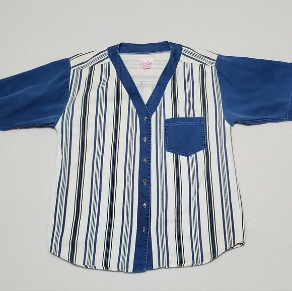 VINTAGE 1990s Penny Lane Multi-color Striped Colorblock V-neck Denim Shirt Med - Picture 1 of 10